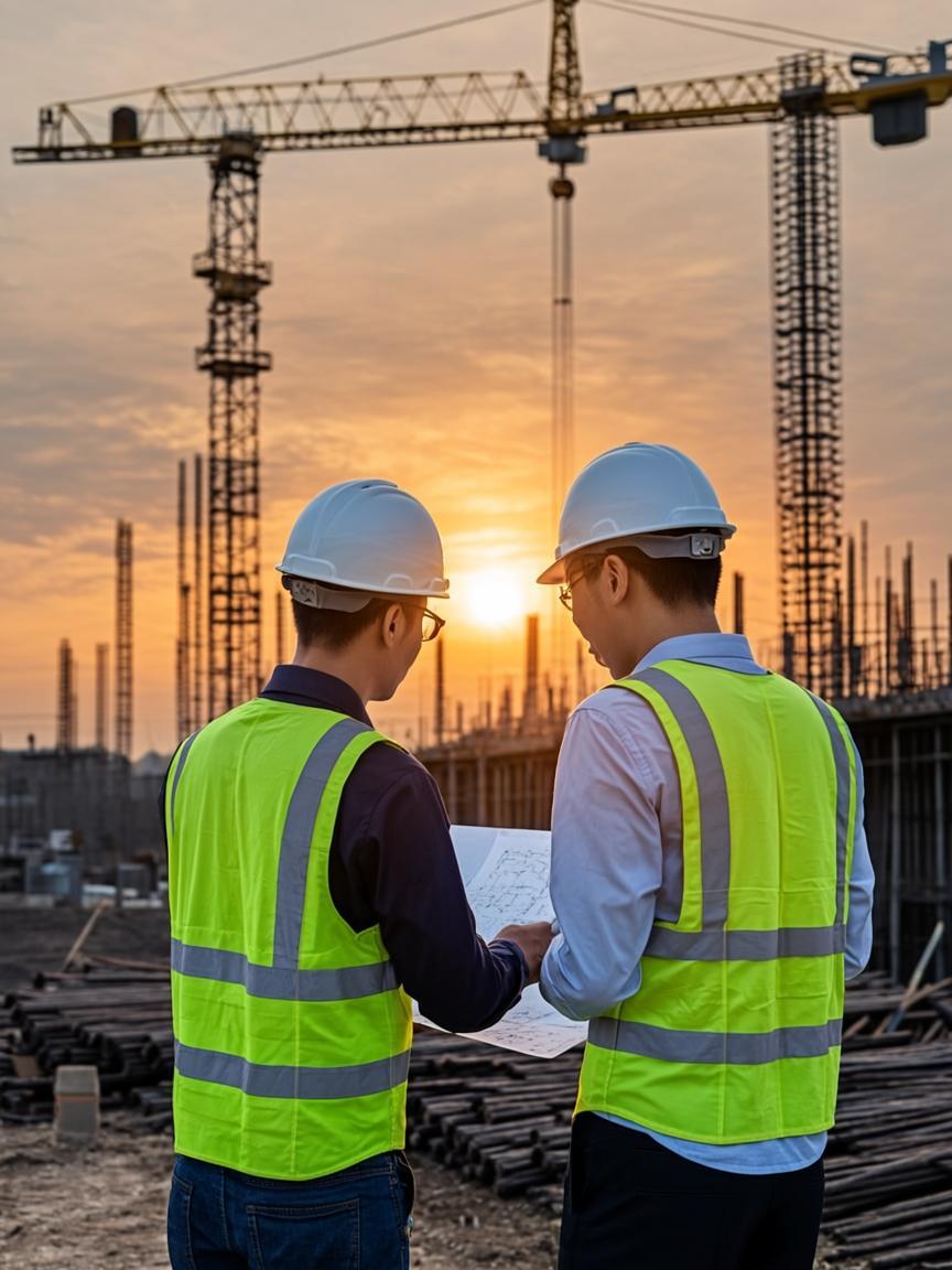 Construction engineers reviewing plans on site